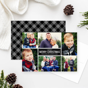 Photo Collage Christmas   Grey and Black Plaid Holiday Card