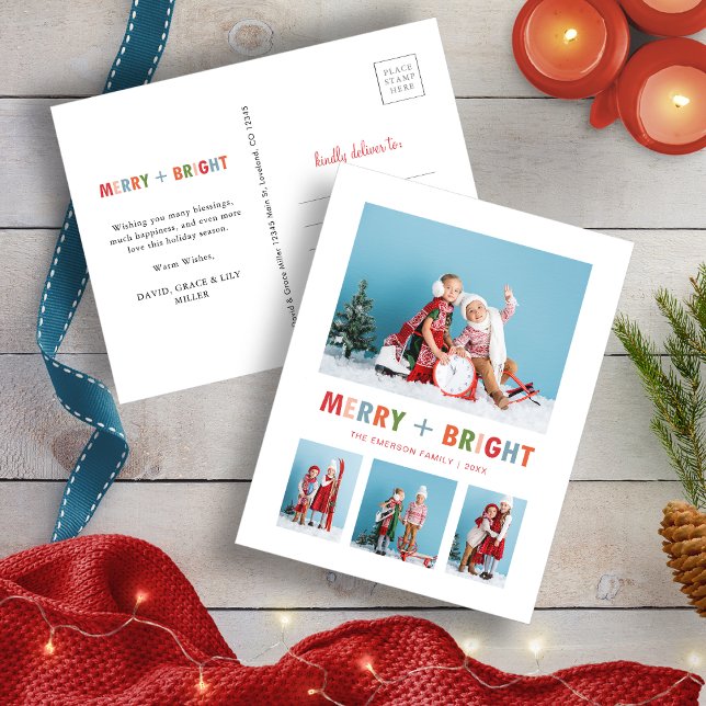 Photo Collage Christmas Merry and Bright Holiday Postcard (Holiday Merry and Bright Card
)