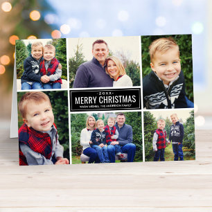 Photo Collage Christmas Red and Black Plaid Holiday Card