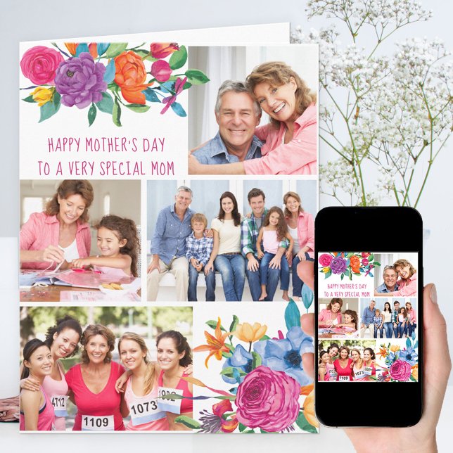 Photo Collage Colourful Floral Editable Card (Creator Uploaded)