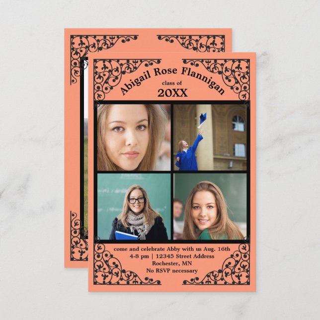 Photo Collage Coral Lace - 3x5 Grad Announcement (Front/Back)