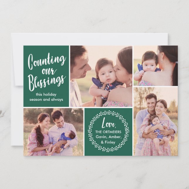 Photo Collage | Counting our Blessings | Green Holiday Card (Front)