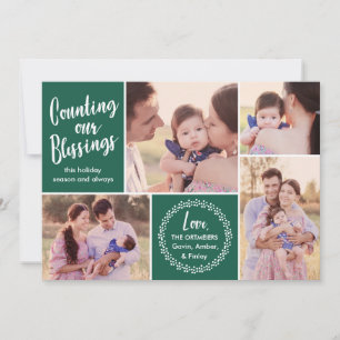 Photo Collage Counting our Blessings Green Holiday Card