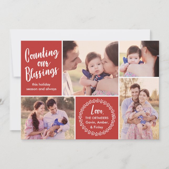 Photo Collage | Counting our Blessings | Red Holiday Card (Front)
