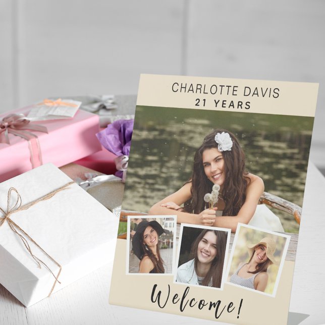 Photo collage cream birthday party welcome pedestal sign (Creator Uploaded)