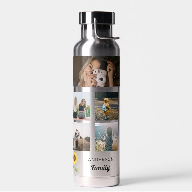 Photo Collage Custom Family Name Sunflower Water Bottle (Left)