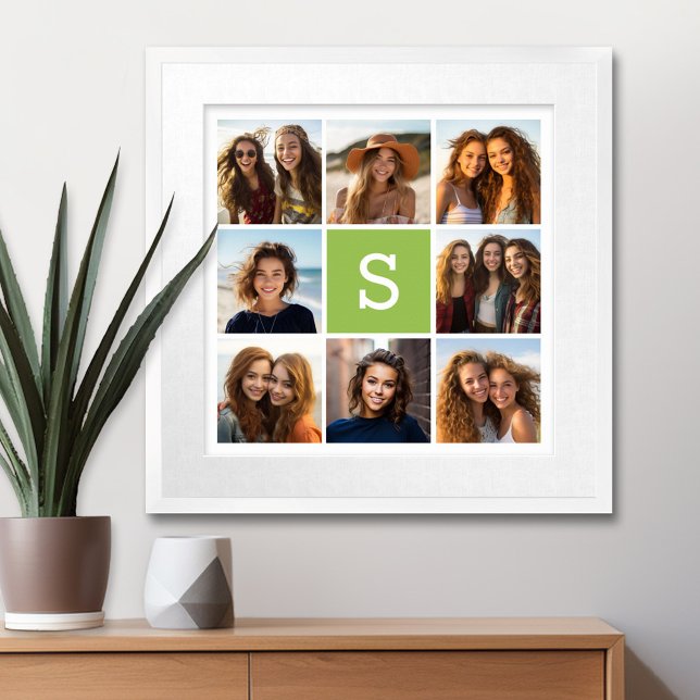 Photo Collage Custom Monogram - Lime Green Poster (Personalized Wall Art with a Photo Collage and Monogram)