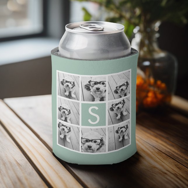 Photo Collage Custom Monogram Mint Green Can Cooler (Personalized can cooler with an area to add photos and custom text)