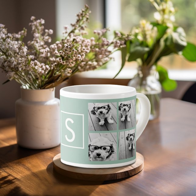 Photo Collage Custom Monogram - Mint Green Espresso Cup (Personalized espresso mug)