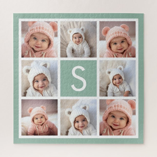 Photo Collage Custom Monogram Mint Green Jigsaw Puzzle (Vertical)