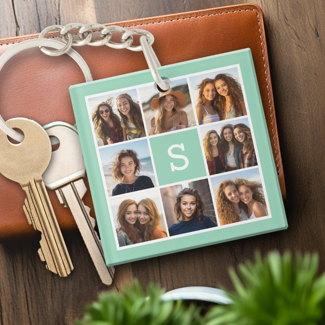Photo Collage Custom Monogram Mint Green Key Ring (Personalized keychain with photo collage and monogram)