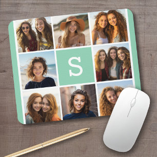 Photo Collage Custom Monogram Mint Green Mouse Mat