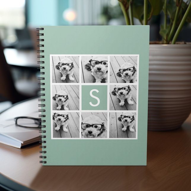 Photo Collage Custom Monogram Mint Green Notebook (Personalized notebook - add photos and your name or other text)