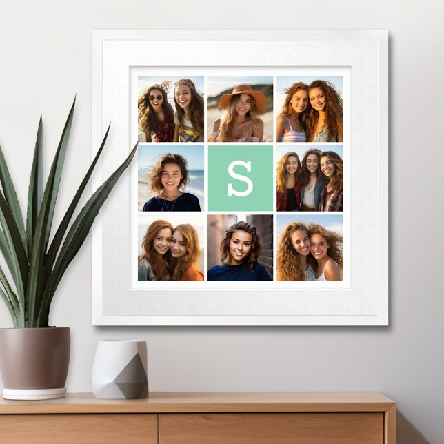Photo Collage Custom Monogram Mint Green Poster (Personalized Wall Art with a Photo Collage and Monogram)