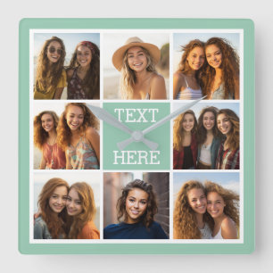 Photo Collage Custom Monogram Mint Green Square Wall Clock