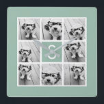 Photo Collage Custom Monogram Mint Green Square Wall Clock<br><div class="desc">You can use Instagram photos for this design. Use 8 square photos to create a unique and personal gift. Or you can keep the hipster puppy and make a trendy keepsake. If you need to adjust the pictures,  click on the customize tool to make changes.</div>