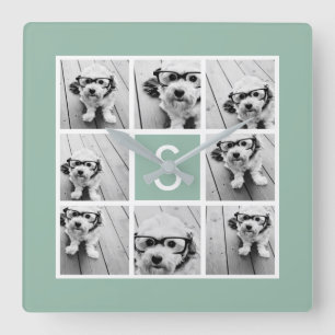Photo Collage Custom Monogram Mint Green Square Wall Clock