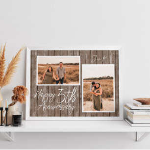 Photo Collage Custom Wood 5th Wedding Anniversary Poster