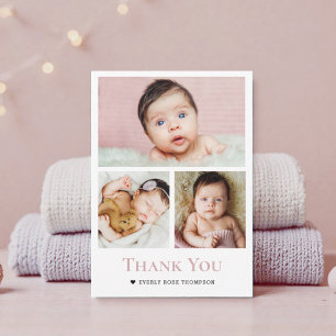 Photo Collage dusty Rose Pink Girl Baby shower  Thank You Card