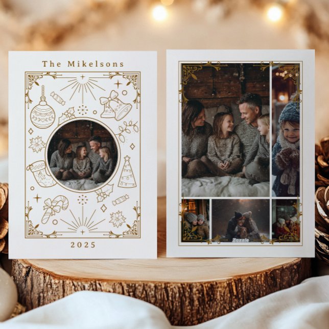 Photo Collage Elegant Gold Line Art Christmas Holiday Card (Creator Uploaded)