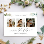 Photo Collage Elegant Greenery Wedding Save The Date<br><div class="desc">Announce your wedding date with this elegant three-photo save-the-date card. Easy to fill in the template and order your prints! Elegant and minimal design with delicate watercolor greenery details and modern handwritten calligraphy elements. Back with monogram with couples initials and area for any details you like. Ability to edit design...</div>