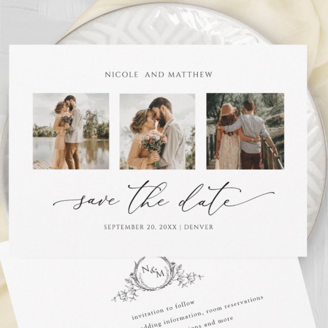 Photo Collage Elegant Minimalist Monogram Wedding Save The Date (Creator Uploaded)