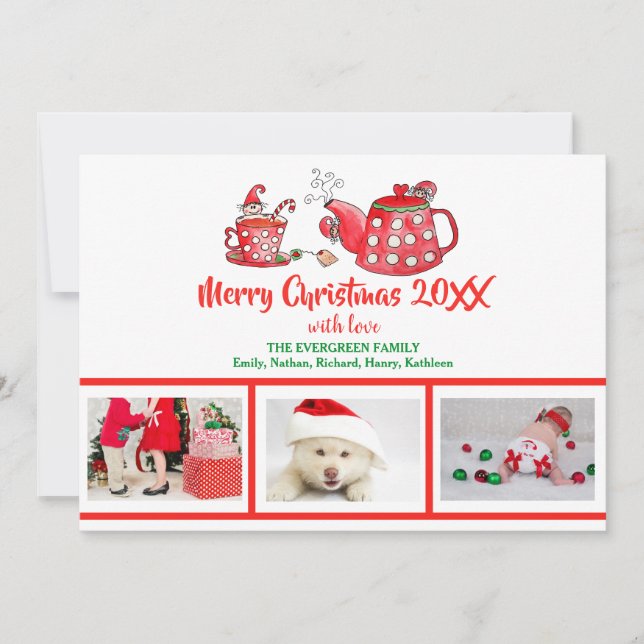 Photo Collage Elf Tea Christmas Watercolor Holiday Card (Front)