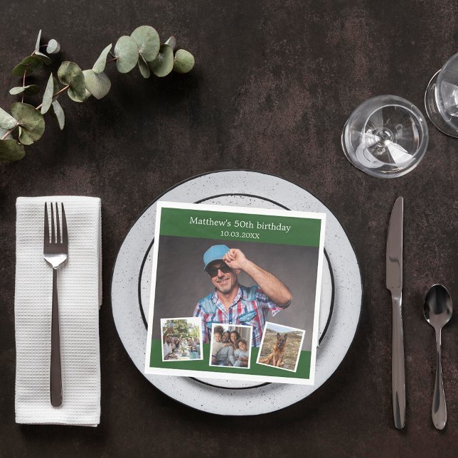 Photo collage emerald green birthday party napkin (Creator Uploaded)