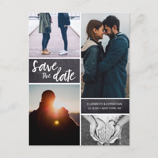 Photo Collage engagement pictures Chalkboard  Announcement Postcard (Front)