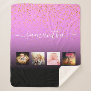 Photo collage family black violet pink monogrammed sherpa blanket