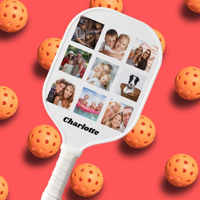 Photo collage family friends name white pickleball paddle (Creator Uploaded)