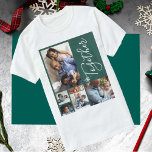 Photo collage family modern personalised Christmas T-Shirt<br><div class="desc">Modern photo collage family winter holiday shirt on a green (changeable colour) background with a trendy together handwriting script and white snowflakes overlay.             Personalise it with your pictures and text!</div>