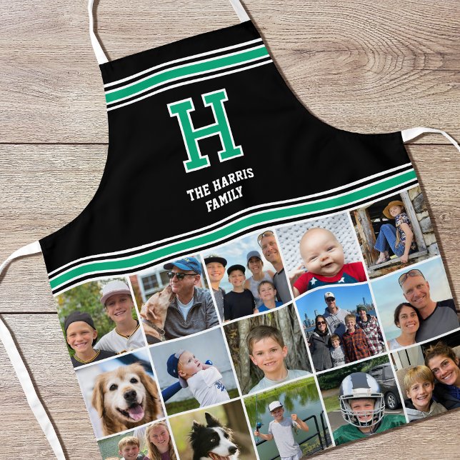 Photo Collage Family Monogram Green Black Apron (Creator Uploaded)