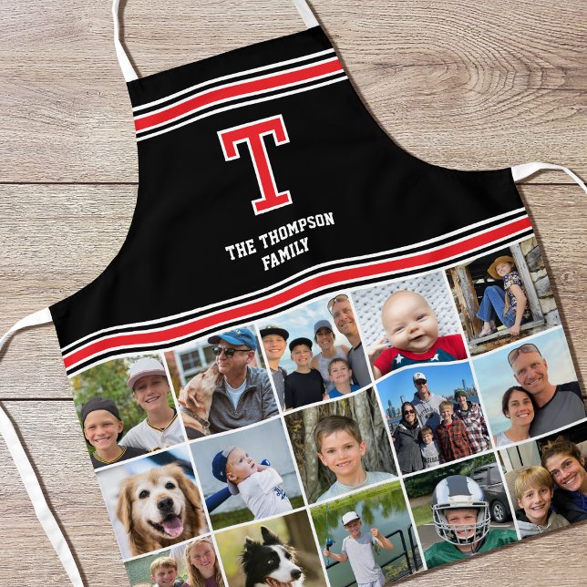 Photo Collage Family Monogram Red Black Apron (Creator Uploaded)