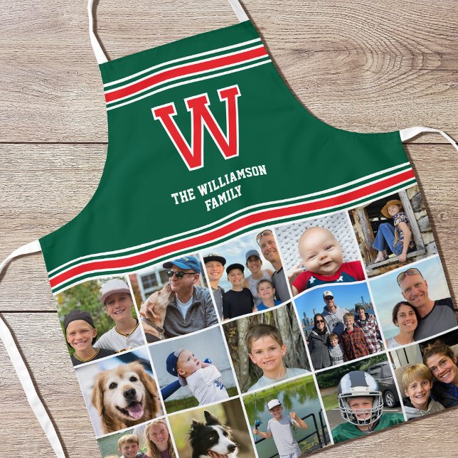 Photo Collage Family Monogram Red Green Apron (Creator Uploaded)