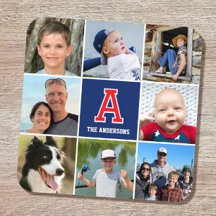 Photo Collage Family Monogram Red Navy Blue Coaster