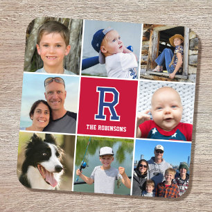 Photo Collage Family Monogrammed Crimson Navy Coaster