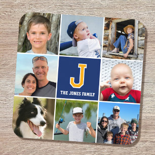 Photo Collage Family Monogrammed Navy Blue Yellow Coaster