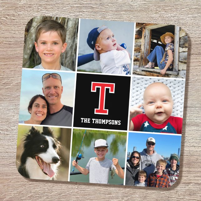 Photo Collage Family Monogrammed Red Black Coaster (Creator Uploaded)
