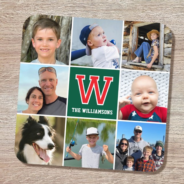 Photo Collage Family Monogrammed Red Green Coaster (Creator Uploaded)