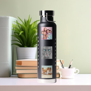 Photo collage family name black water bottle