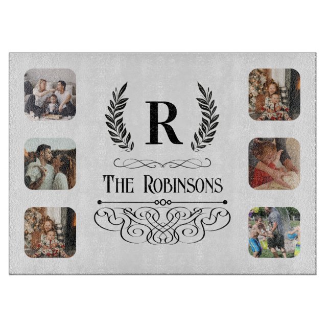Photo Collage Family name & Monogrammed custom Cutting Board (Front)