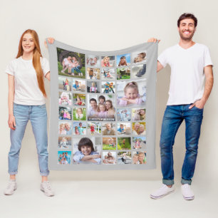 Photo Collage Family Name or Title Grey Fleece Blanket