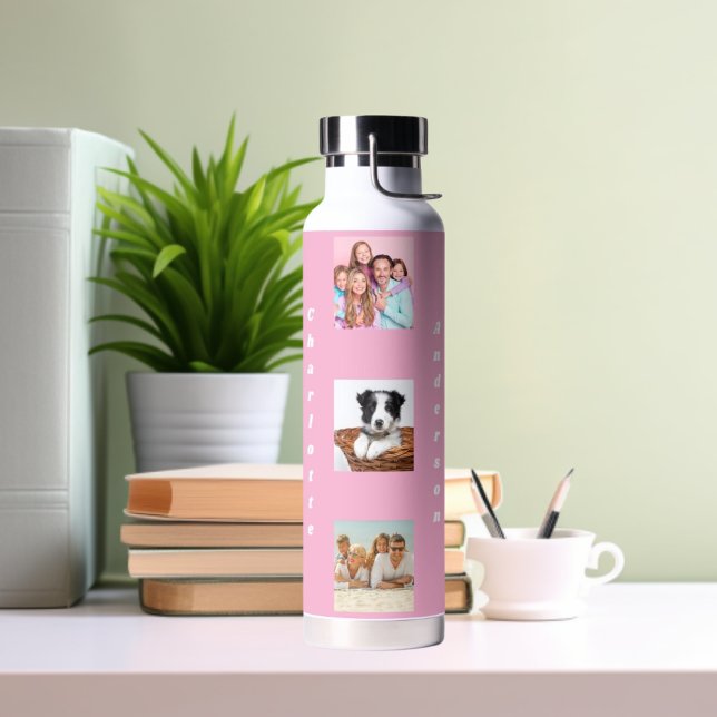 Photo collage family name pink water bottle (Creator Uploaded)