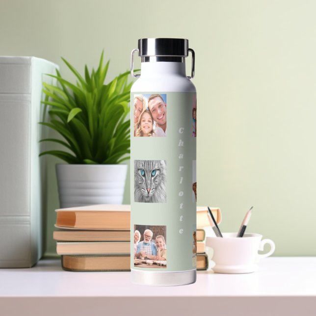 Photo collage family name sage green water bottle (Creator Uploaded)