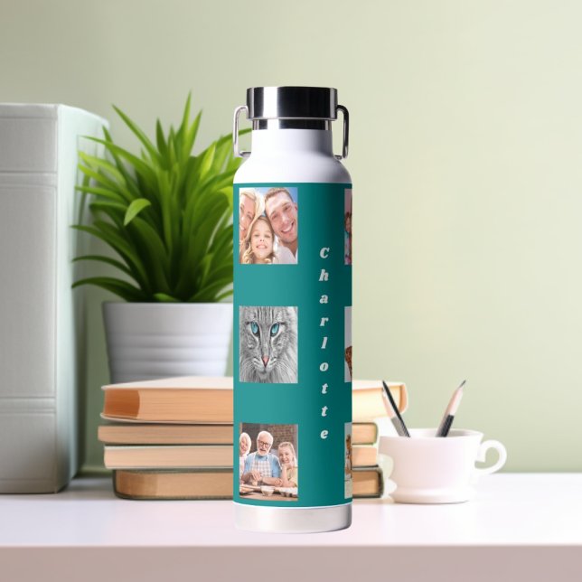 Photo collage family name teal water bottle (Creator Uploaded)