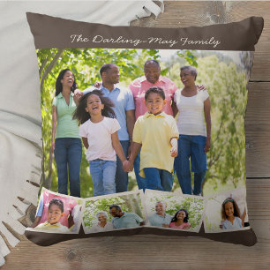 Photo Collage Family Name ZigZag Photo Strip Brown Cushion