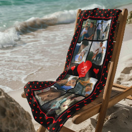 Photo Collage Family Personalised Red Heart & Name Beach Towel