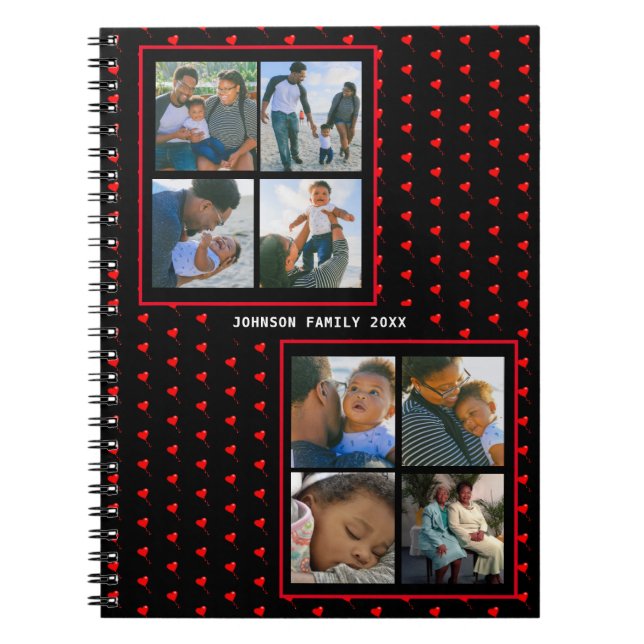 Photo Collage Family Personalised Red Heart & Name Notebook (Front)