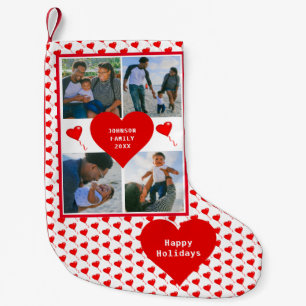 Photo Collage Family Personalised Red Hearts Small Christmas Stocking